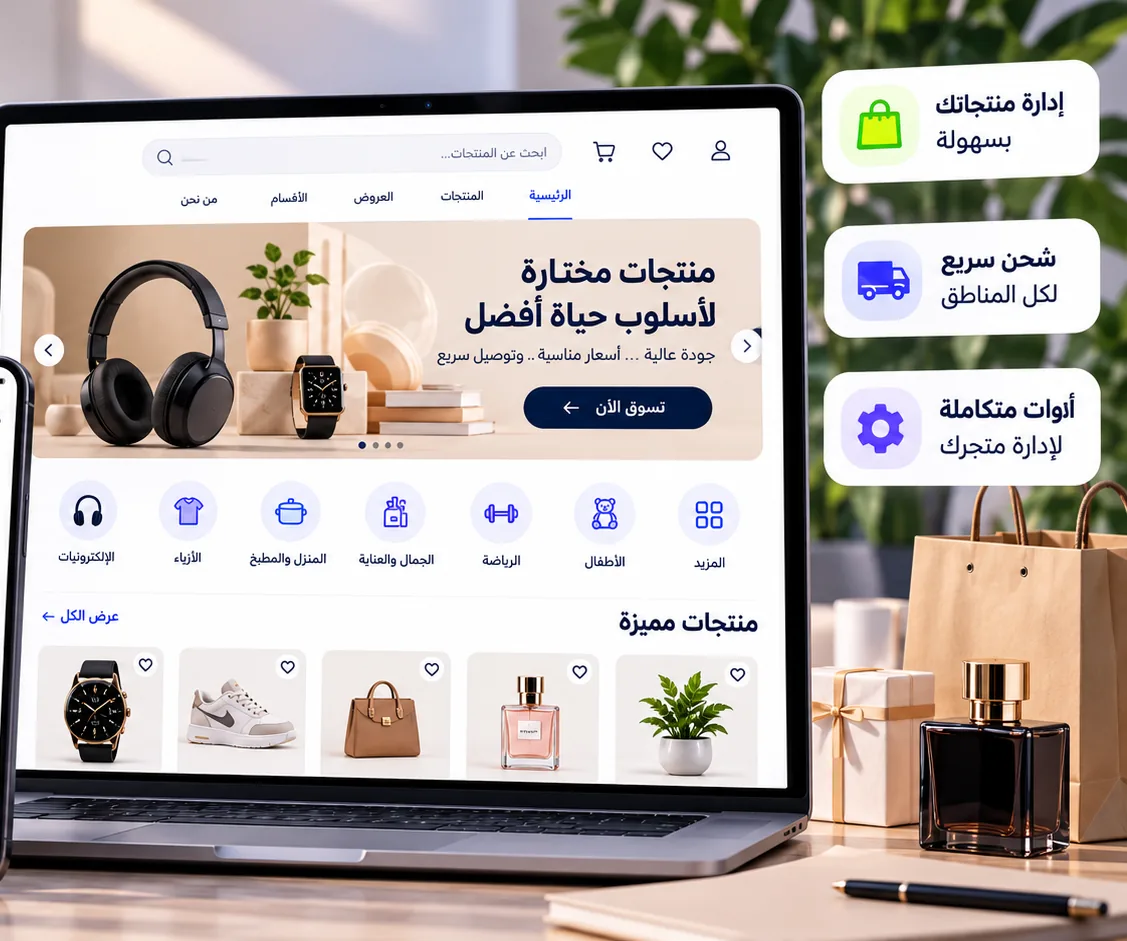 متجر إلكتروني معروض على لابتوب بجانب طرود جاهزة للشحن